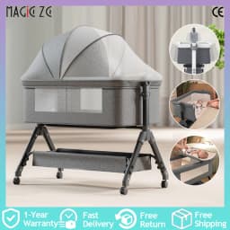 Baby Bassinet Crib Bedside Sleeper Manual Rocking Cradle Foldable Portable Infant Cot with Changing Table Adjustable Height Side Opening Breathable Mesh Storage Basket Lockable Wheels Nursery Bed for Newborn Babies