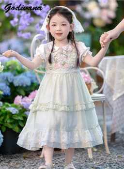 Sweet Baby Girls Summer 2026 New Lolita Princess Dress Kids High End Chinese Floral Embroidery Doll Collar Puff Sleeve Dress