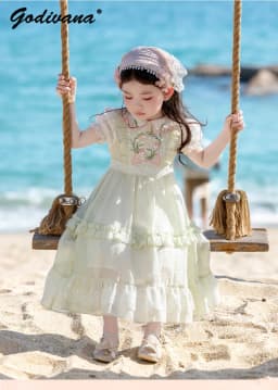 Sweet Baby Girls Summer 2026 New Lolita Princess Dress Kids High End Chinese Floral Embroidery Doll Collar Puff Sleeve Dress