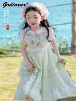 Sweet Baby Girls Summer 2026 New Lolita Princess Dress Kids High End Chinese Floral Embroidery Doll Collar Puff Sleeve Dress
