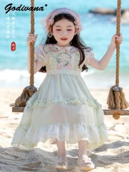 Sweet Baby Girls Summer 2026 New Lolita Princess Dress Kids High End Chinese Floral Embroidery Doll Collar Puff Sleeve Dress