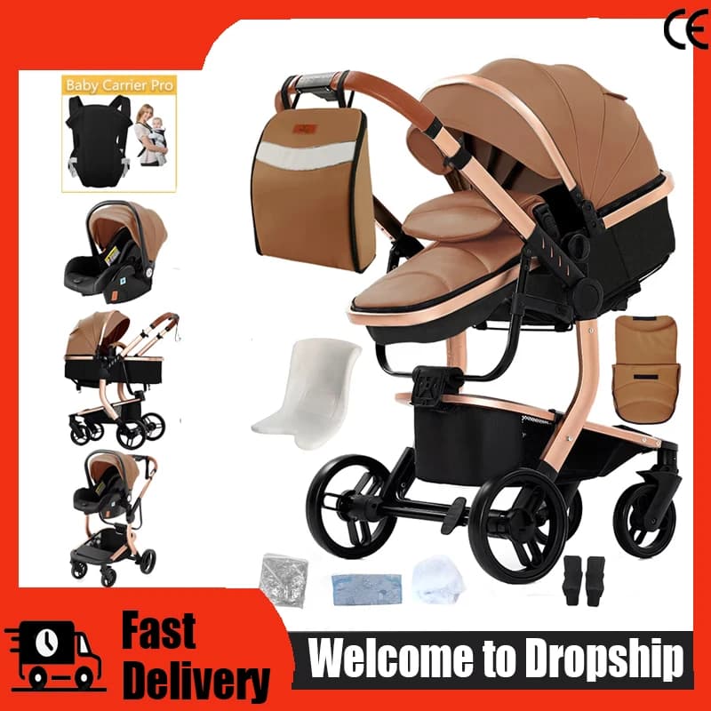 PU Leather 3 in 1 Baby Stroller Newborns Travel Carriage Luxury Compact Foldable Baby Cars Pram with Car Seat Watertight Buggy
