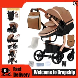 PU Leather 3 in 1 Baby Stroller Newborns Travel Carriage Luxury Compact Foldable Baby Cars Pram with Car Seat Watertight Buggy