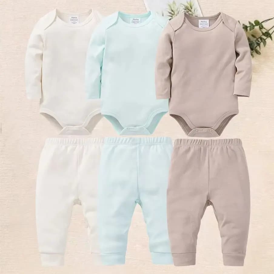 Kavkas 6Pcs Baby Bodysuit & Pants Set Soft Cotton Long Sleeve Onesies + Trousers Newborn Basic Daily Wear Outfits for Baby Boys