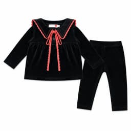 Kids Velour Clothing Set Fall/Winter Collection Black/Navy Boy And Girl Outfit with Contrast Ribbons Edges Family Matching Dress