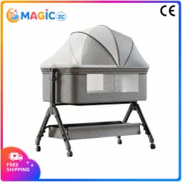 Multifunctional Baby Crib Bedside Bassinet for Newborn 0-12 Months Infant Cot with Foam Mattress Mosquito Net Storage Basket Changing Table Side Opening 3 Height Levels 4 Lockable Swivel Wheels Manual Rocking Iron Tube Frame