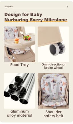 Safe Baby High Chair Pyramid Frame Aluminum Alloy Infant Feeding Dining Chair Anti-Stand Design Adjustable Reclining Baby Chair with 5-Point Safety Belt Lockable Brake Wheels Removable Double Food Tray