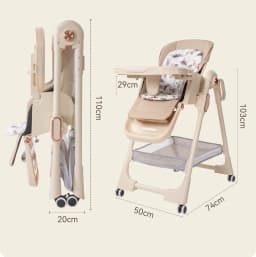 Safe Baby High Chair Pyramid Frame Aluminum Alloy Infant Feeding Dining Chair Anti-Stand Design Adjustable Reclining Baby Chair with 5-Point Safety Belt Lockable Brake Wheels Removable Double Food Tray