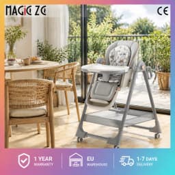 Safe Baby High Chair Pyramid Frame Aluminum Alloy Infant Feeding Dining Chair Anti-Stand Design Adjustable Reclining Baby Chair with 5-Point Safety Belt Lockable Brake Wheels Removable Double Food Tray