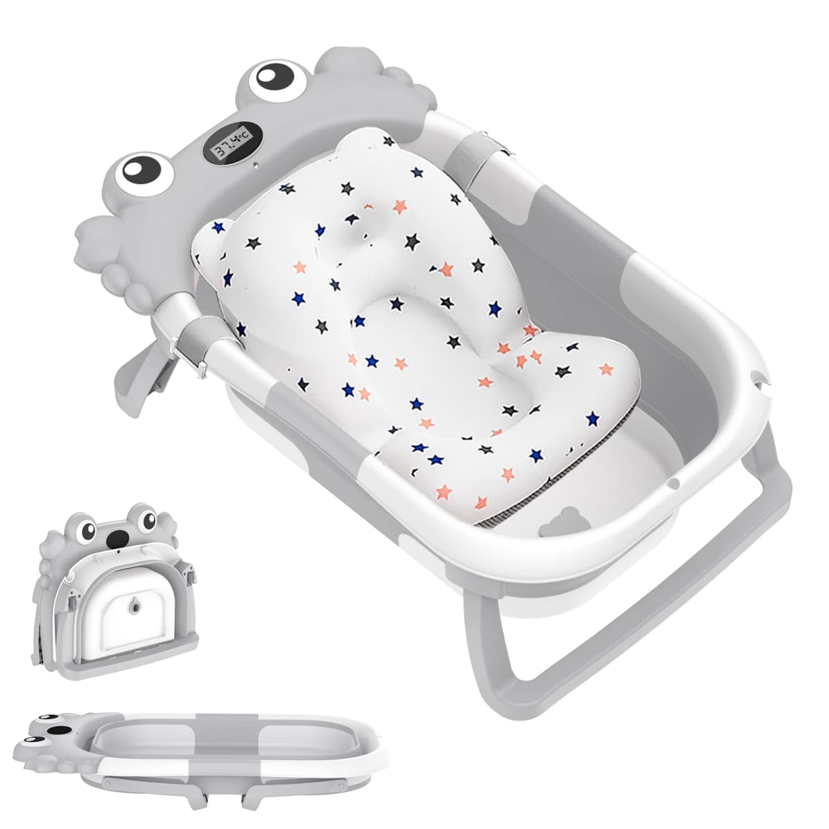 Crab Cartoon Collapsible Baby Bathtub for Newborn with Thermometer & Soft Floating Cushion for Newborn Baby Bath Tub,Infant Bath Tub with bath mat