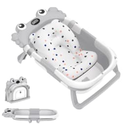Crab Cartoon Collapsible Baby Bathtub for Newborn with Thermometer & Soft Floating Cushion for Newborn Baby Bath Tub,Infant Bath Tub with bath mat