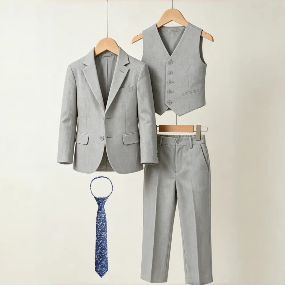 4Pcs Boys Linen Suit Set Kids Grey Blazer Vest Pants Necktie Outfit 3-14T Children Costume Wedding Birthday Recital Formal Suit