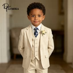 4Pcs Boys Linen Suit Set Kids Grey Blazer Vest Pants Necktie Outfit 3-14T Children Costume Wedding Birthday Recital Formal Suit
