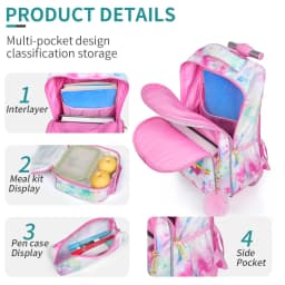 3PCS Kids Travel Bag, Luggage Bag, Bookbag with Wheels, with Lunch Box And Pen Bag, Pink Cartoon Unicorn, Nighttime Reflective