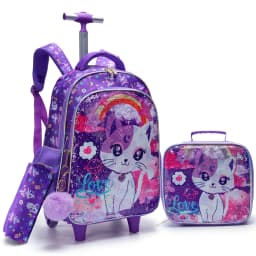 3PCS Kids Travel Bag, Luggage Bag, Bookbag with Wheels, with Lunch Box And Pen Bag, Cartoon Cat Sequin