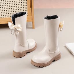 Mumoresip Kids Winter Plush Boots Princess Bow Pearl Decor Girls Outdoor Long Boots Thick Soled Fashion Children Warm High Boots