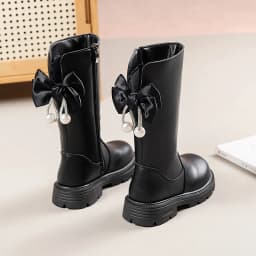 Mumoresip Kids Winter Plush Boots Princess Bow Pearl Decor Girls Outdoor Long Boots Thick Soled Fashion Children Warm High Boots