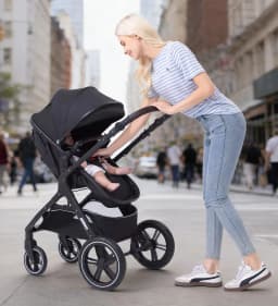 3-in-1 Baby Stroller Travel System Reversible Push Handle One-Step Quick Fold Aluminum Frame Shock-Absorbing 4 Wheels Lightweight Sturdy for Newborn to 3-Year-Old Kids Outdoor Trips