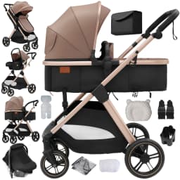 Lightweight Foldable Baby Stroller 3 In 1 Luxury Travel System Pram with Portable Infant Car Seat Aviation Aluminum Frame Carriage Shockproof Newborn Pushchair Set Compact Toddler Buggy with Large Storage Basket and Foot Brake