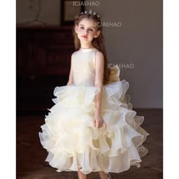 Children Girls Sleeveless Formal Fashion Birthday Party Flower Girl Princess Tutu Champagne Kids Host Piano Performance Costume