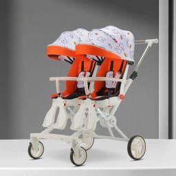 Portable Twin Stroller Double Seat Stroller Foldable Four-wheel Twin Stroller 360° Swivel Seat, Adjustable Backrest