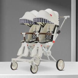 Portable Twin Stroller Double Seat Stroller Foldable Four-wheel Twin Stroller 360° Swivel Seat, Adjustable Backrest