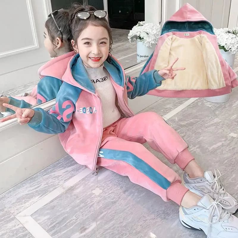 New Winter Keep Warm Girls Clothing Set Padded Lining With Plush Velent Hooded Jacket+Pants 2pcs Suit For 3-12 Years Kids