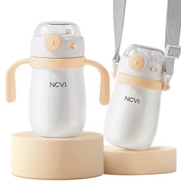 NCVI Kids Stainless Steel Straw Cup for Toddler 1-3 Years Old, Blue 10floz, BPA-Free, Easy to Clean, Adjustable Shoulder Strap