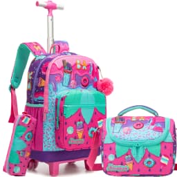 Girls Rolling Backpack with Lunch Box School Backpacks with Wheels 16.5" Roller Backpack for Girls, 3pcs Kids Wheeled Bookbag