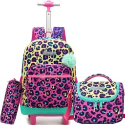 Girls Rolling Backpack with Lunch Box School Backpacks with Wheels 16.5" Roller Backpack for Girls, 3pcs Kids Wheeled Bookbag