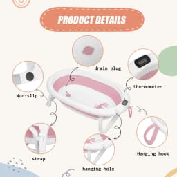 Baby Bathtub for 0-18 Months Baby, Foldable Baby Tub with Ergonomic Bath Seat and Bath Thermometer, Newborn Infant Support Grey/Blue/Pink
