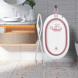 Baby Bathtub for 0-18 Months Baby, Foldable Baby Tub with Ergonomic Bath Seat and Bath Thermometer, Newborn Infant Support Grey/Blue/Pink