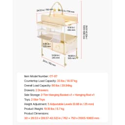 SucceBuy Baby Changing Table Foldable Diaper Change Station with 2 Fabric Drawers Side Basket & Hanging Rod Adjustable Height