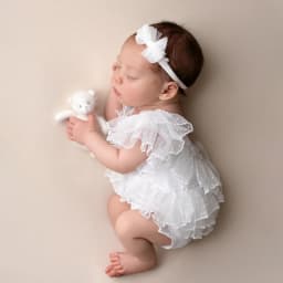 Baby Girl White Ruffle Romper Newborn Photography Props Bow Headband Tulle Layered Newborn Photo Prop