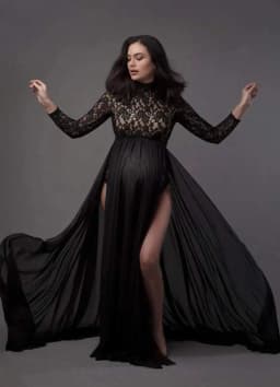 Boutique Maternity Lace Bodysuit with Removable Chiffon Skirt Gender Reveal Party Bump Friendly Maternity Dress for Photoshoot