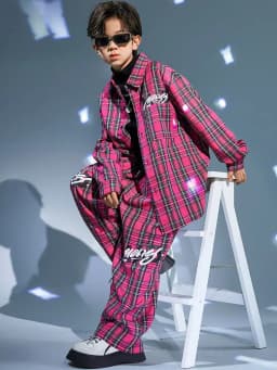 Kids Kpop Streetwear Ballroom Hip Hop Dance Costumes Rose Red Plaid Shirt Elastic Waist Pants Set Boys Jazz Performance Clothes