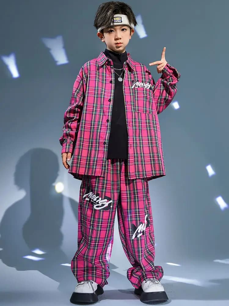 Kids Kpop Streetwear Ballroom Hip Hop Dance Costumes Rose Red Plaid Shirt Elastic Waist Pants Set Boys Jazz Performance Clothes