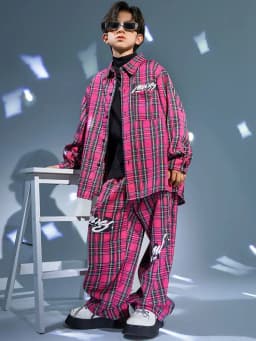 Kids Kpop Streetwear Ballroom Hip Hop Dance Costumes Rose Red Plaid Shirt Elastic Waist Pants Set Boys Jazz Performance Clothes