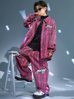 Kids Kpop Streetwear Ballroom Hip Hop Dance Costumes Rose Red Plaid Shirt Elastic Waist Pants Set Boys Jazz Performance Clothes