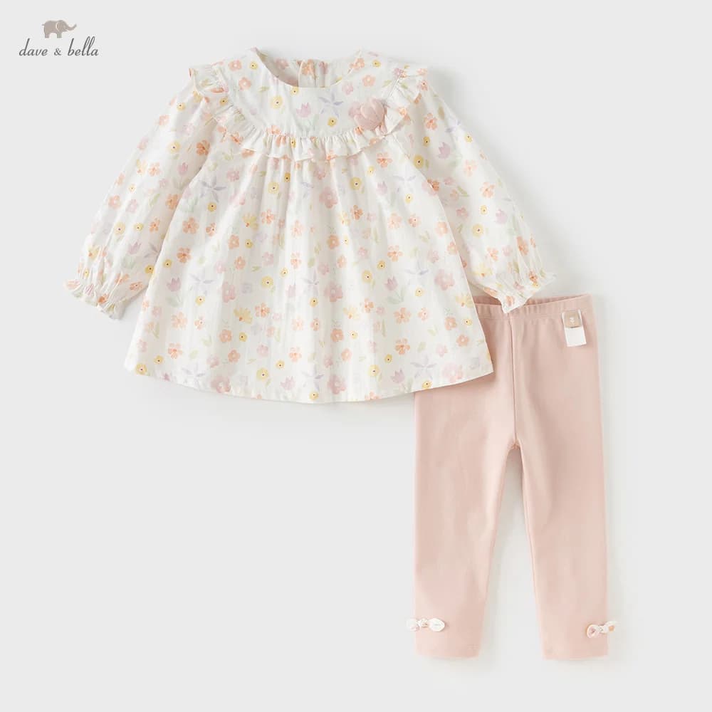 Dave Bella Girls Tops Trousers Suits Spring Autumn Floral Print Pullover Elastic Pants Two-piece Sets Children Clothes DB1260561