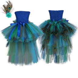 Fluffy Layered Peacock Feathers Clothing for Girls Birthday Halloween Outfit with Long Tail for Kids High Low Princess Dresses