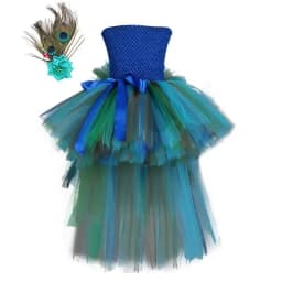 Fluffy Layered Peacock Feathers Clothing for Girls Birthday Halloween Outfit with Long Tail for Kids High Low Princess Dresses
