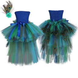 Fluffy Layered Peacock Feathers Clothing for Girls Birthday Halloween Outfit with Long Tail for Kids High Low Princess Dresses