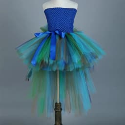 Fluffy Layered Peacock Feathers Clothing for Girls Birthday Halloween Outfit with Long Tail for Kids High Low Princess Dresses