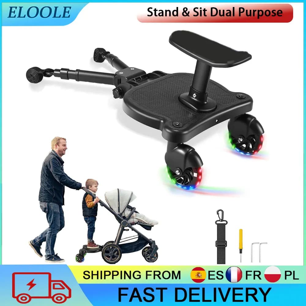 Stroller Board Stand & Sit Dual Purpose With 360° Rotatable Wheels Weight Bearing 25KG Buggy Board For 2-6 Years Old Universal Stroller Step Board with Soft Cushion For Two Kids Travel