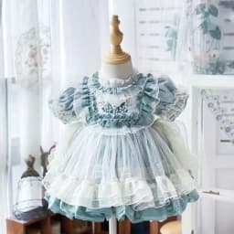 Baby Girls Lolita Princess Dress Kids 2026 Summer New Short Puff Sleeve Chic Embroidery Lace Collar Ruffle Trim Tulle Tutu Gown