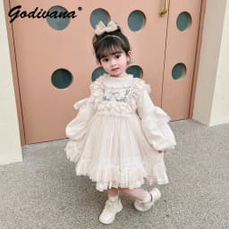 Baby Girls Lolita Princess Dress Kids 2026 Summer New Short Puff Sleeve Chic Embroidery Lace Collar Ruffle Trim Tulle Tutu Gown