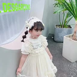 Baby Girls Lolita Princess Dress Kids 2026 Summer New Short Puff Sleeve Chic Embroidery Lace Collar Ruffle Trim Tulle Tutu Gown