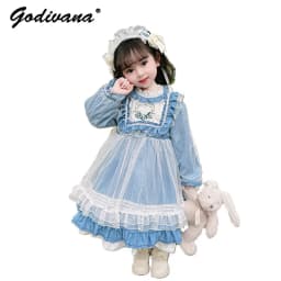 Baby Girls Lolita Princess Dress Kids 2026 Summer New Short Puff Sleeve Chic Embroidery Lace Collar Ruffle Trim Tulle Tutu Gown
