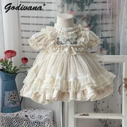 Baby Girls Lolita Princess Dress Kids 2026 Summer New Short Puff Sleeve Chic Embroidery Lace Collar Ruffle Trim Tulle Tutu Gown